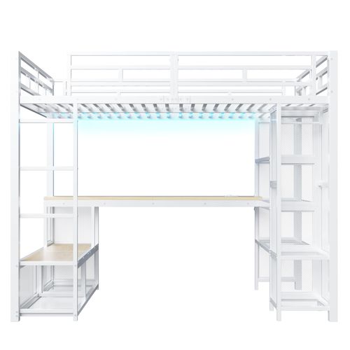 Lit Mezzanine 140×200 Cm, Lit 2 Places, Bureau, LED Via Bluetooth, 16 Couleurs Et Rangements
