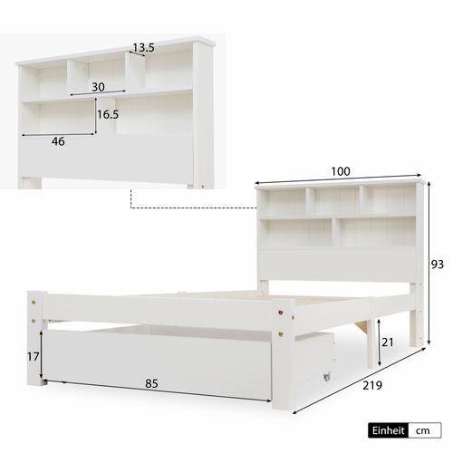 Lit 90x200 Blanc Avec Tiroirs Et Tête De Lit Bibliothèque Pour Chambre