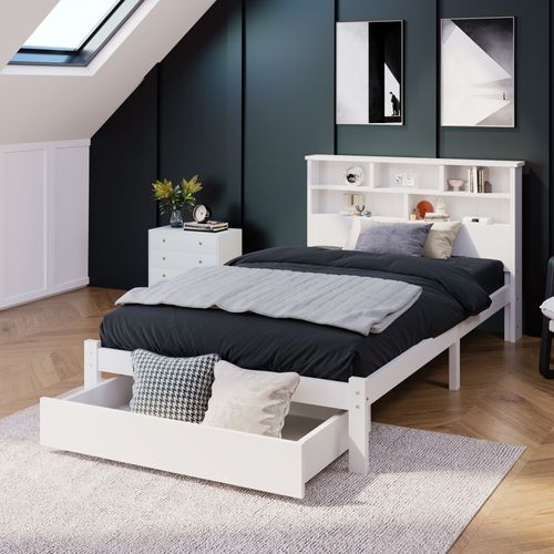 Lit 90x200 Blanc Avec Tiroirs Et Tête De Lit Bibliothèque Pour Chambre