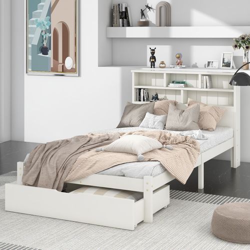 Lit 90x200 Blanc Avec Tiroirs Et Tête De Lit Bibliothèque Pour Chambre