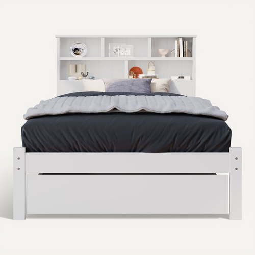 Lit 90x200 Blanc Avec Tiroirs Et Tête De Lit Bibliothèque Pour Chambre