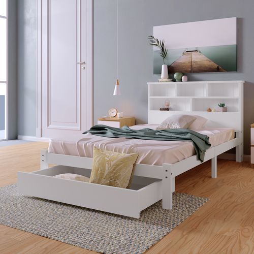 Lit 90x200 Blanc Avec Tiroirs Et Tête De Lit Bibliothèque Pour Chambre