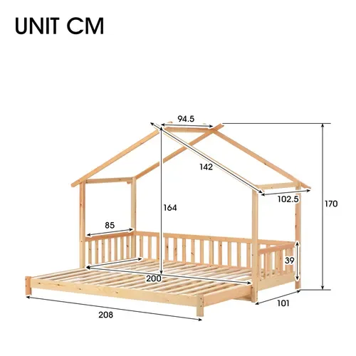 Lit Cabane Extensible Naturel 90/180x200 Cm, Convertible Simple/double Pour Enfant