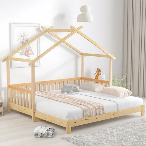 Lit Cabane Extensible Naturel 90/180x200 Cm, Convertible Simple/double Pour Enfant