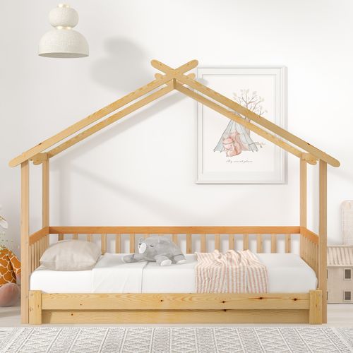 Lit Cabane Extensible Naturel 90/180x200 Cm, Convertible Simple/double Pour Enfant