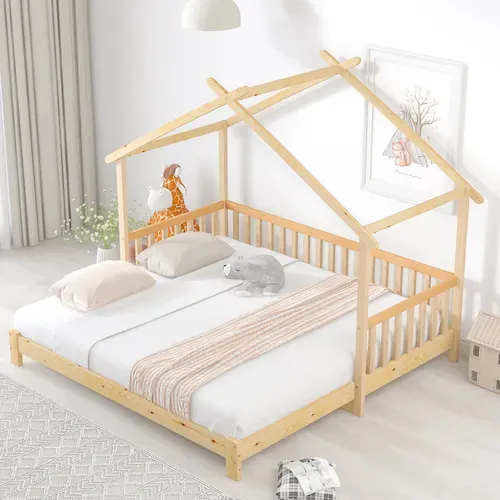 Lit Cabane Extensible Naturel 90/180x200 Cm, Convertible Simple/double Pour Enfant