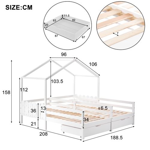 Lit Cabane Blanc 208x188,5 Cm Avec 2 Tiroirs Et Barrières, Pour Enfant