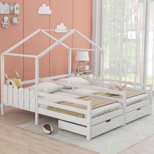 Lit Cabane Blanc 208x188,5 Cm Avec 2 Tiroirs Et Barrières, Pour Enfant