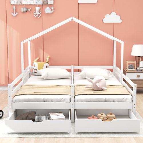 Lit Cabane Blanc 208x188,5 Cm Avec 2 Tiroirs Et Barrières, Pour Enfant