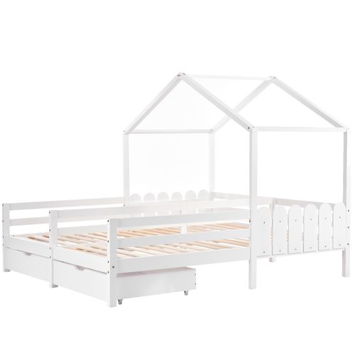 Lit Cabane Blanc 208x188,5 Cm Avec 2 Tiroirs Et Barrières, Pour Enfant