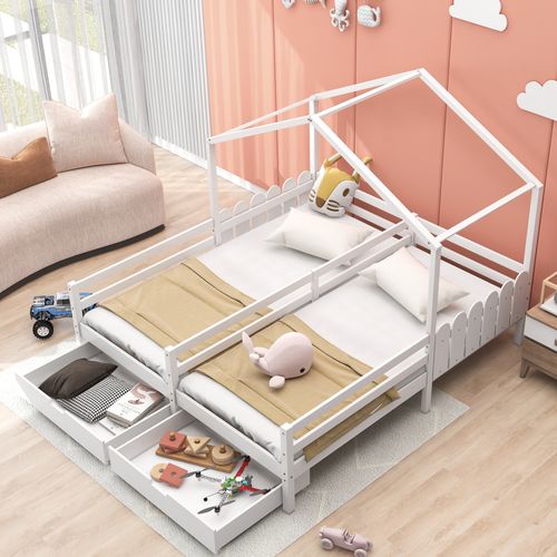 Lit Cabane Blanc 208x188,5 Cm Avec 2 Tiroirs Et Barrières, Pour Enfant