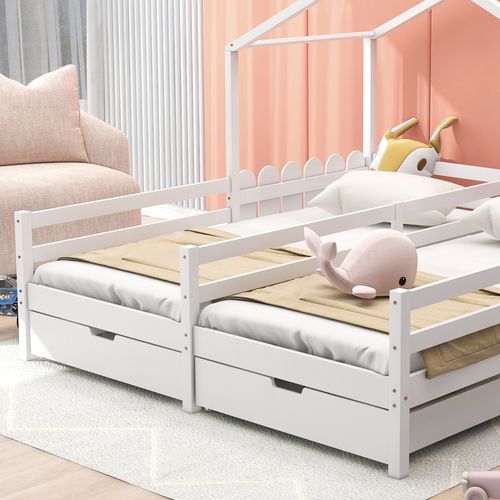 Lit Cabane Blanc 208x188,5 Cm Avec 2 Tiroirs Et Barrières, Pour Enfant
