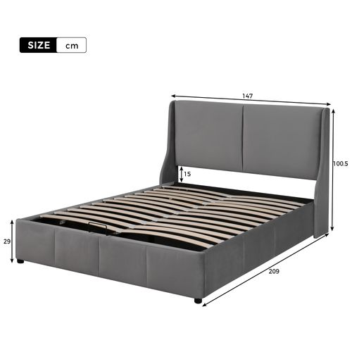 Lit Coffre Tapissé Velours Gris 140x200 Avec Sommier à Lattes Pour Chambre