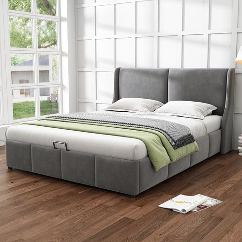Lit Coffre Tapissé Velours Gris 140x200 Avec Sommier à Lattes Pour Chambre