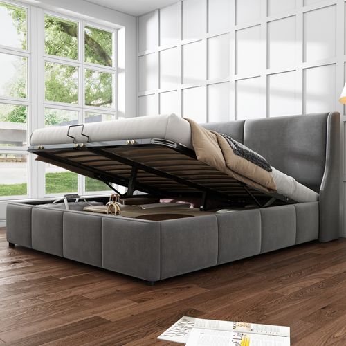 Lit Coffre Tapissé Velours Gris 140x200 Avec Sommier à Lattes Pour Chambre