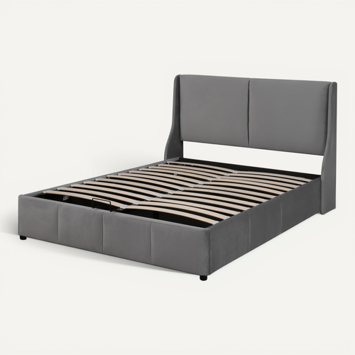 Lit Coffre Tapissé Velours Gris 140x200 Avec Sommier à Lattes Pour Chambre