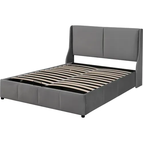 Lit Coffre Tapissé Velours Gris 140x200 Avec Sommier à Lattes Pour Chambre