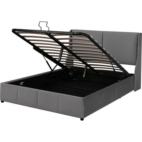 Lit Coffre Tapissé Velours Gris 140x200 Avec Sommier à Lattes Pour Chambre