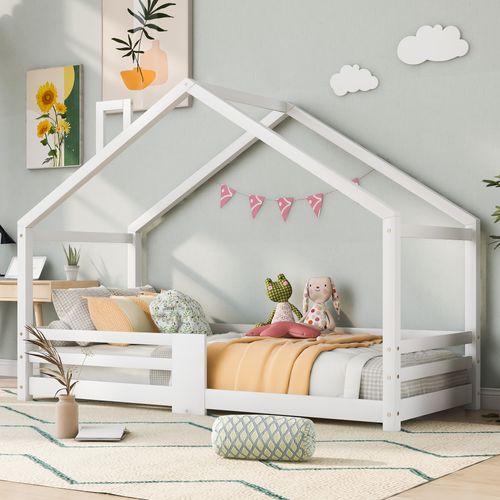 Lit Enfant Cabane Blanc 90 X 200 Cm Avec Barrières Et Sommier à Lattes