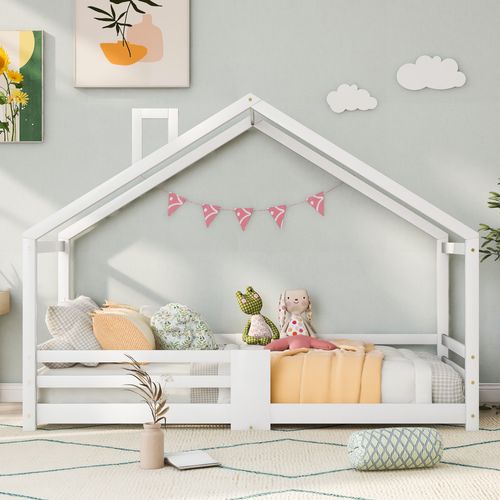 Lit Enfant Cabane Blanc 90 X 200 Cm Avec Barrières Et Sommier à Lattes