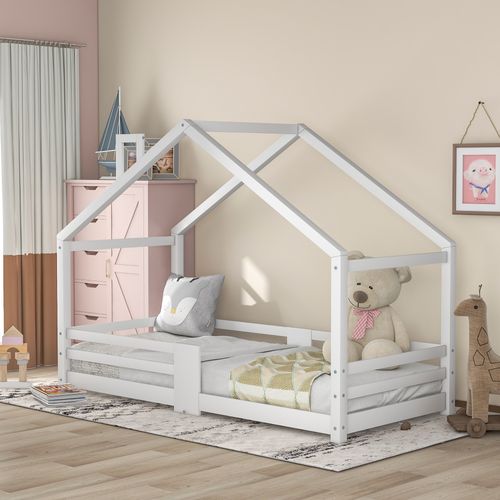 Lit Enfant Cabane Blanc 90 X 200 Cm Avec Barrières Et Sommier à Lattes