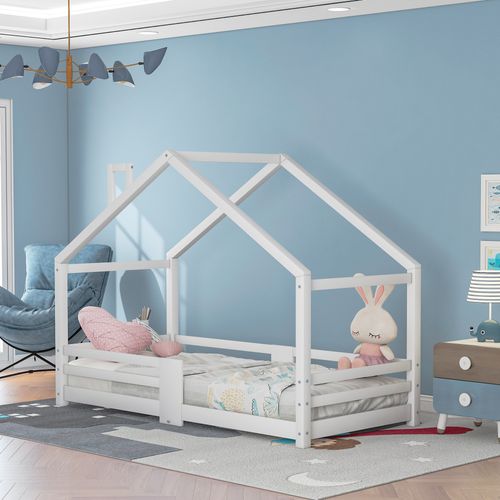Lit Enfant Cabane Blanc 90 X 200 Cm Avec Barrières Et Sommier à Lattes