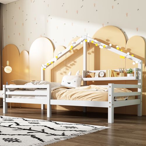 Lit Cabane Enfant Blanc 90x200 Cm Avec Étagère, Style Scandinave