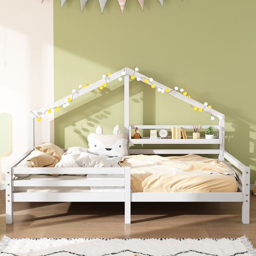 Lit Cabane Enfant Blanc 90x200 Cm Avec Étagère, Style Scandinave