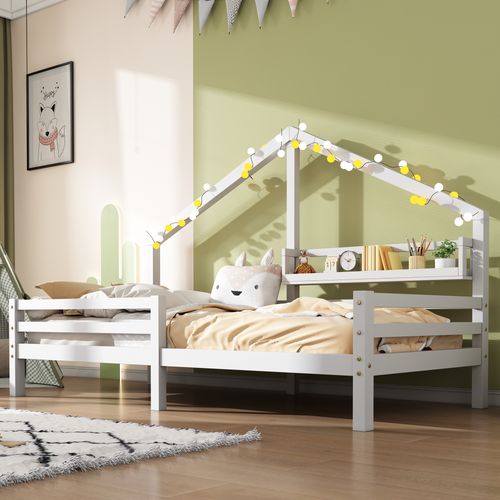 Lit Cabane Enfant Blanc 90x200 Cm Avec Étagère, Style Scandinave