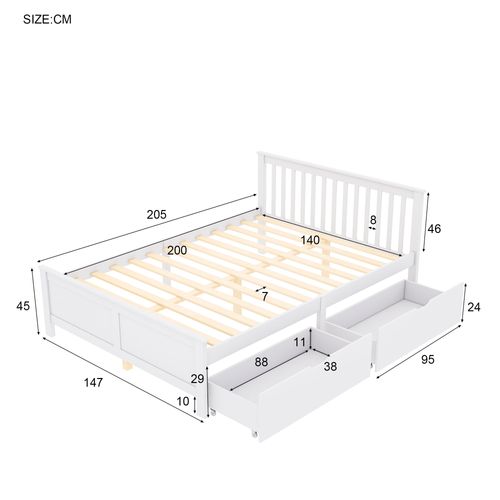 Lit Double Blanc 140x200 Cm Avec 2 Tiroirs De Rangement Pour Chambre
