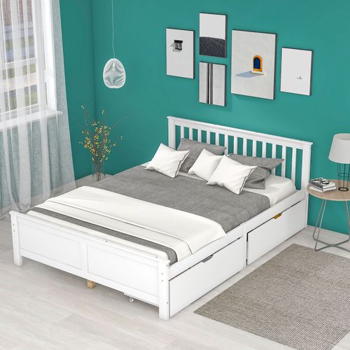 Lit Double Blanc 140x200 Cm Avec 2 Tiroirs De Rangement Pour Chambre