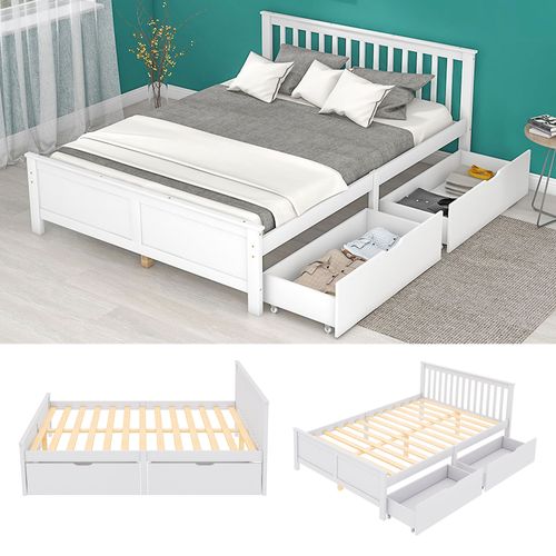 Lit Double Blanc 140x200 Cm Avec 2 Tiroirs De Rangement Pour Chambre