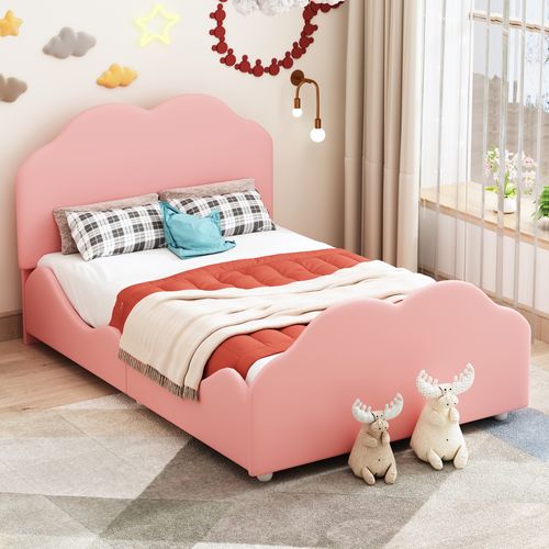 Lit Enfant Rembourré Rose 90x200 Cm Avec Barrière, Tissu Velours
