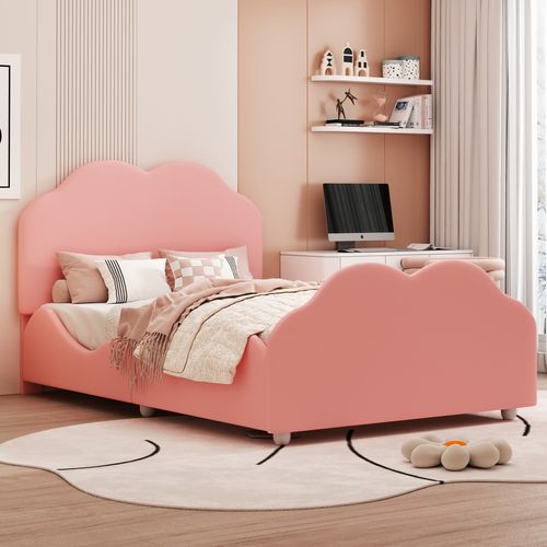 Lit Enfant Rembourré Rose 90x200 Cm Avec Barrière, Tissu Velours