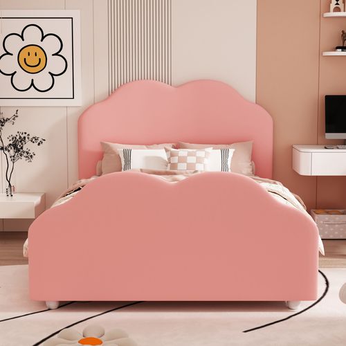 Lit Enfant Rembourré Rose 90x200 Cm Avec Barrière, Tissu Velours