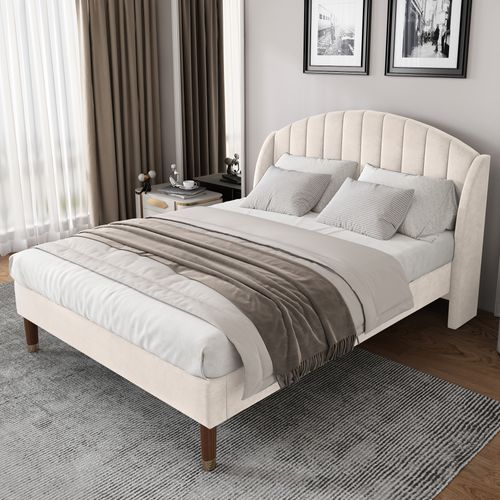 Lit Rembourré 140x190 Cm Avec Sommier à Lattes Tête De Lit Velours Beige