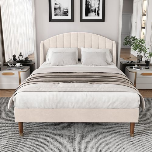 Lit Rembourré 140x190 Cm Avec Sommier à Lattes Tête De Lit Velours Beige