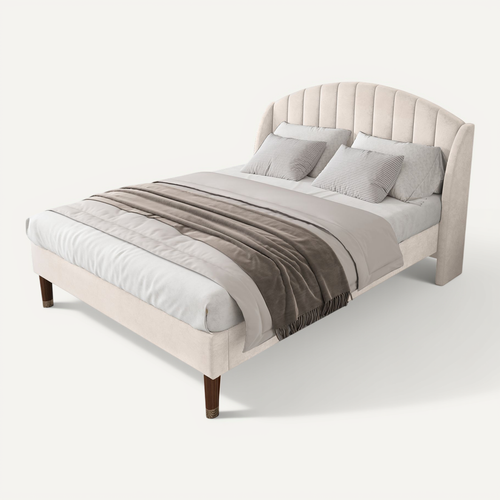 Lit Rembourré 140x190 Cm Avec Sommier à Lattes Tête De Lit Velours Beige