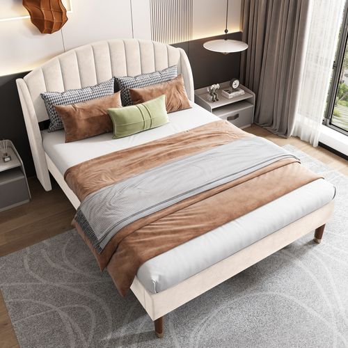 Lit Rembourré 140x190 Cm Avec Sommier à Lattes Tête De Lit Velours Beige