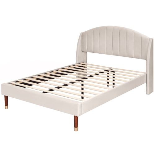 Lit Rembourré 140x190 Cm Avec Sommier à Lattes Tête De Lit Velours Beige