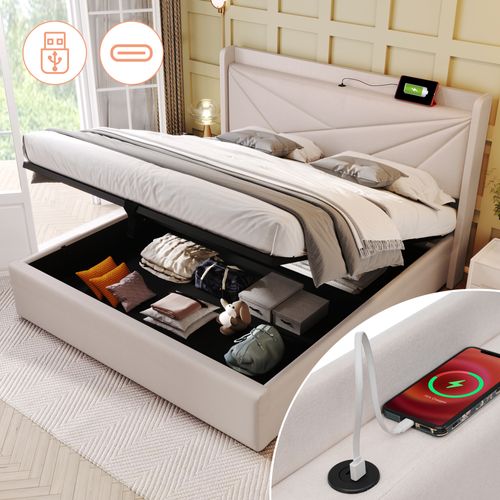 Lit Coffre 140x200 Cm Avec Sommier à Lattes Tête De Lit Avec Ports USB/type-c Beige
