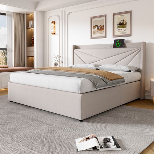 Lit Coffre 140x200 Cm Avec Sommier à Lattes Tête De Lit Avec Ports USB/type-c Beige
