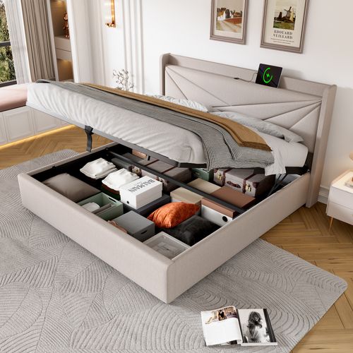 Lit Coffre 140x200 Cm Avec Sommier à Lattes Tête De Lit Avec Ports USB/type-c Beige