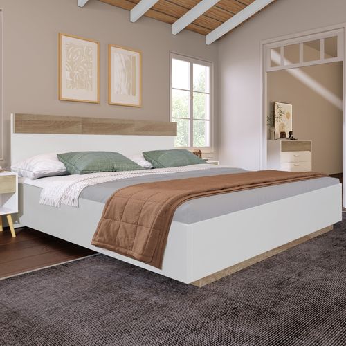 Lit Double Blanc Et Chêne Sonoma 160x200 Cm Avec Tête De Lit, Sommier Inclus