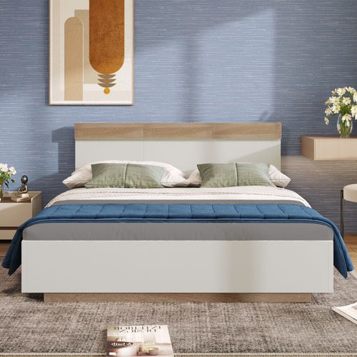 Lit Double Blanc Et Chêne Sonoma 160x200 Cm Avec Tête De Lit, Sommier Inclus