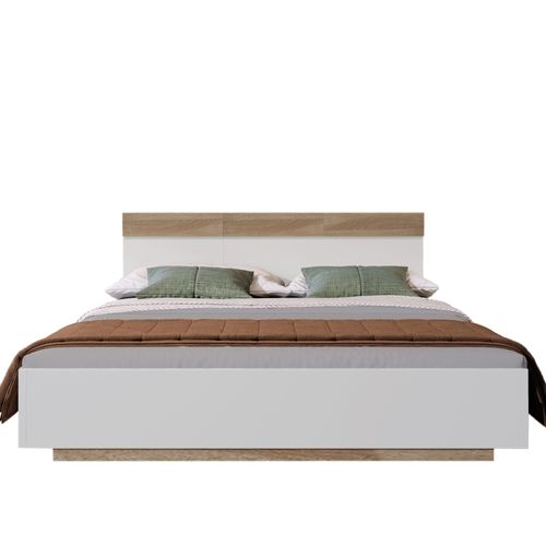 Lit Double Blanc Et Chêne Sonoma 160x200 Cm Avec Tête De Lit, Sommier Inclus
