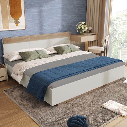 Lit Double Blanc Et Chêne Sonoma 160x200 Cm Avec Tête De Lit, Sommier Inclus
