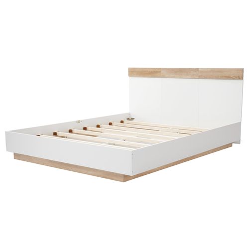 Lit Double Blanc Et Chêne Sonoma 160x200 Cm Avec Tête De Lit, Sommier Inclus