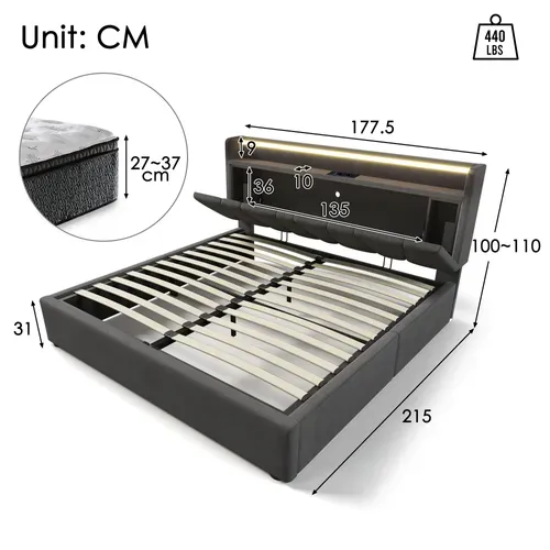 Lit Coffre 160x200 Cm Avec Tête De Lit Rangement Et Prises Tissu Gris