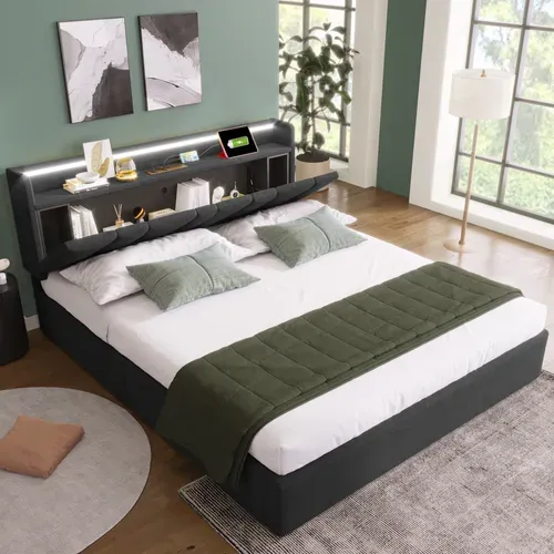 Lit Coffre 160x200 Cm Avec Tête De Lit Rangement Et Prises Tissu Gris